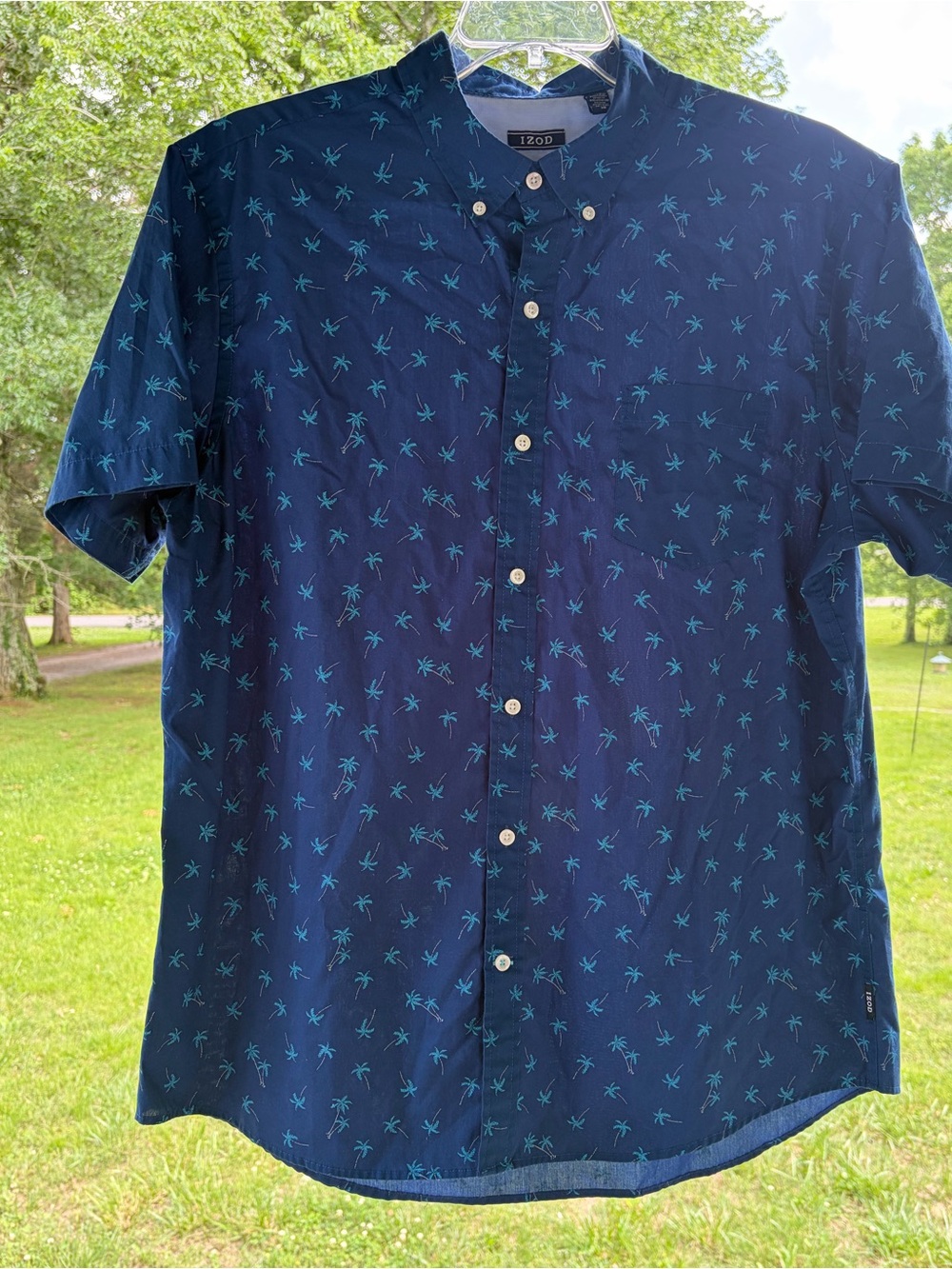 Izod Navy Short-Sleeve Button-Down Shirt with Teal Palm Print Sz XL travel Vaca